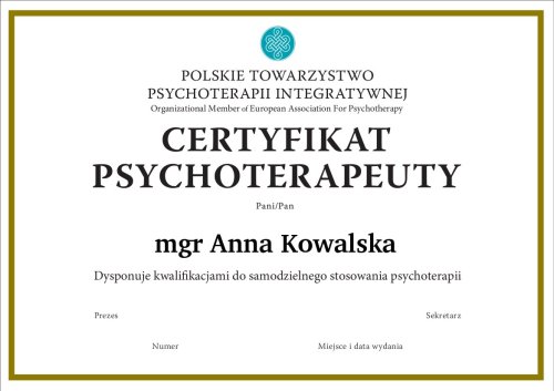 Certyfikat Psychoterapeuty Polskiego Towarzystwa Psychoterapii Integratywnej
