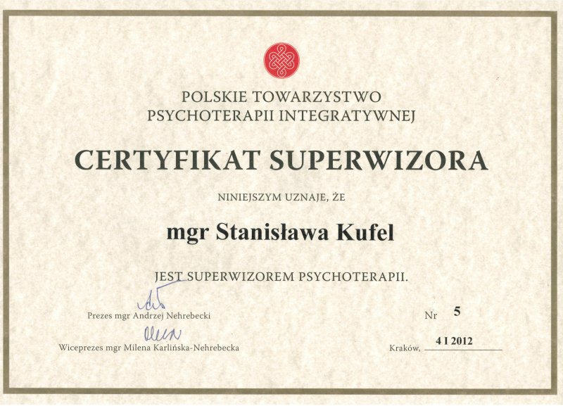 Certyfikat Superwizora Polskiego Towarzystwa Psychoterapii Integratywnej