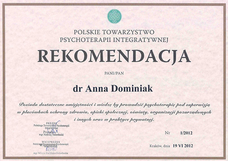 Rekomendacja Psychoterapeuty Polskiego Towarzystwa Psychoterapii Integratywnej